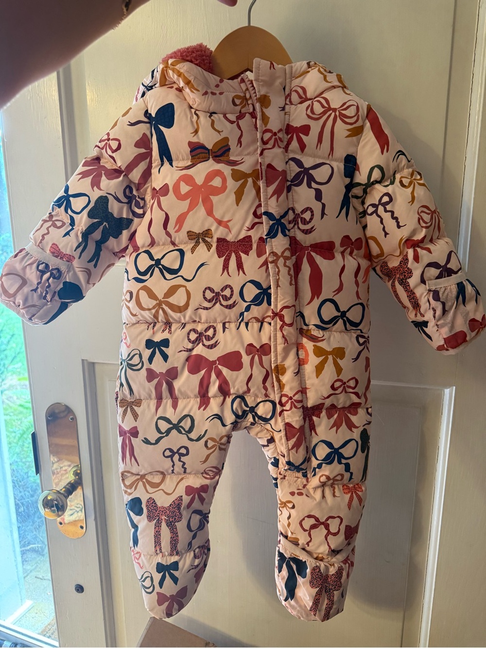 Pink Chicken Pink Bow-Print Hooded Puffer Footie in Multicolor Bows
